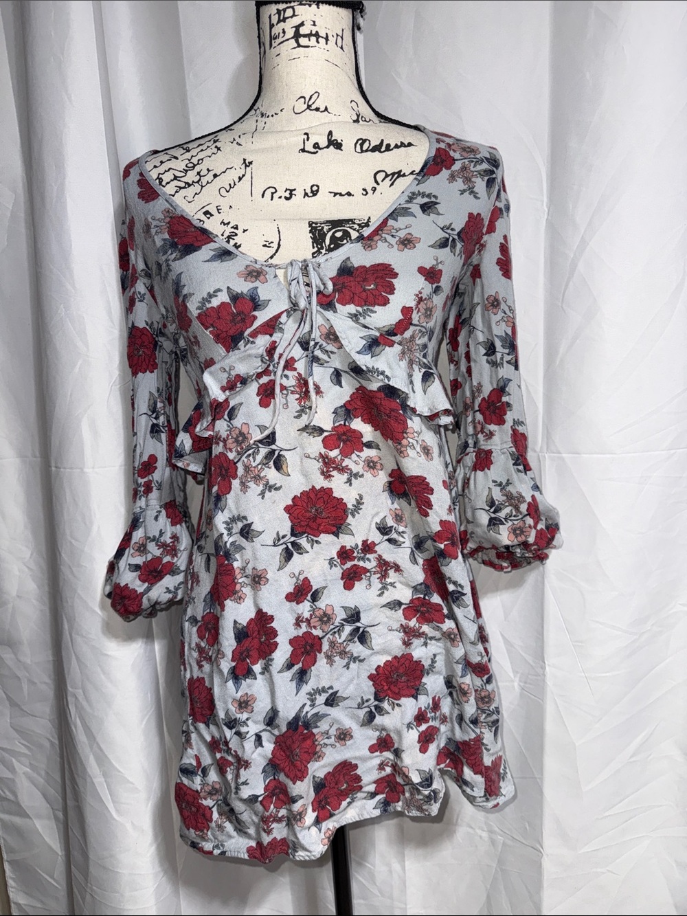 American Eagle Outfitters Red Floral Long Sleeve Mini Dress on Light Blue